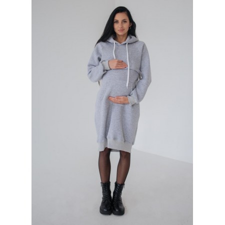 Утеплене плаття для вагітних з капішоном та секретом для годування Сірий